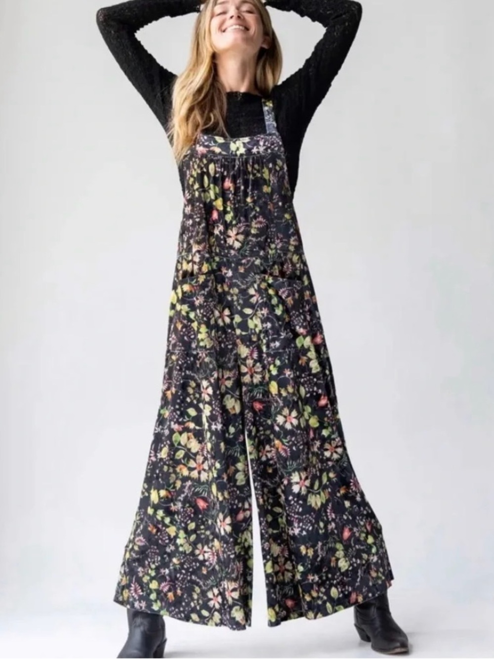 Natural Life Dakota Baggy Velvet Overall Jumpsuit Floral Oversized Wide Leg Sz L